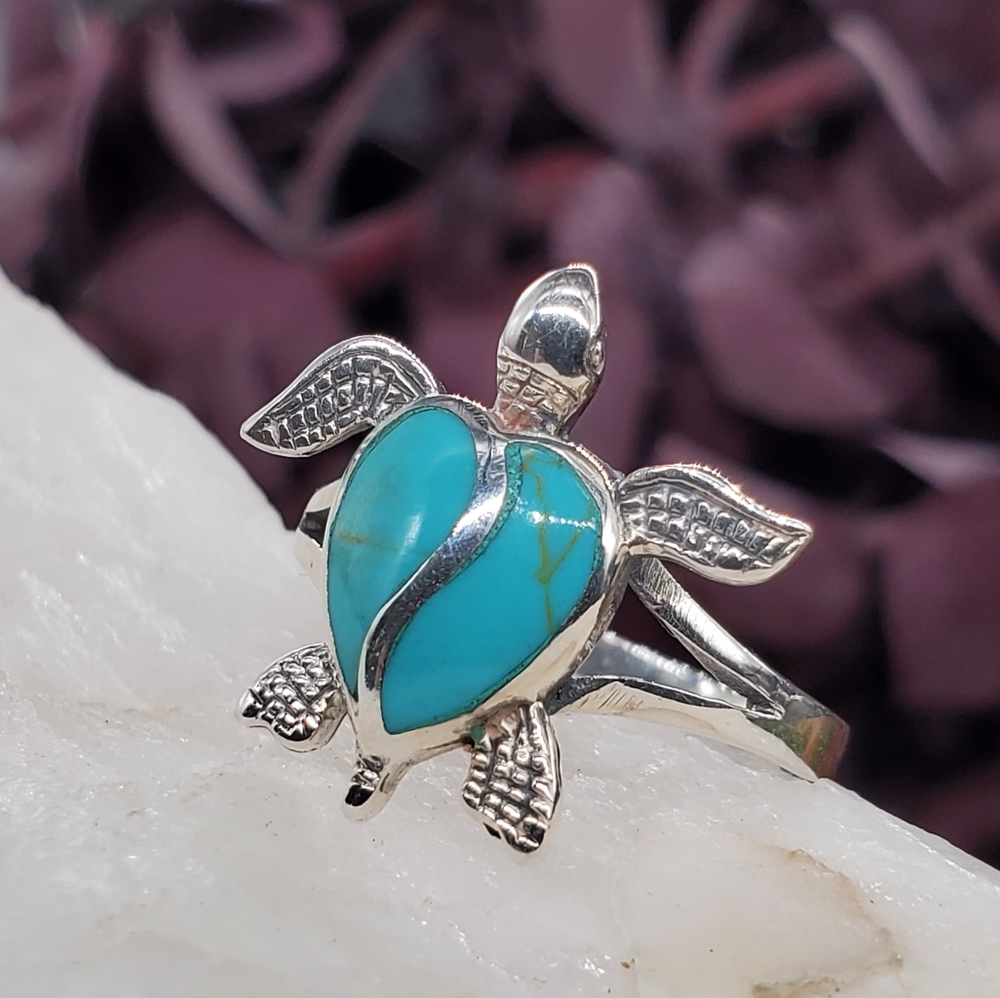 Sterling Silver 925 Ring Turtle Jewelry Genuine Arizona Turquois Unique Design